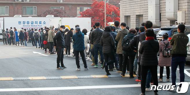 15일 오전 서울 중구 국립중앙의료원 신종 코로나바이러스 감염증(코로나19) 선별진료소에 시민들이 길게 줄 서 있다. /뉴스1 © News1 안은나 기자