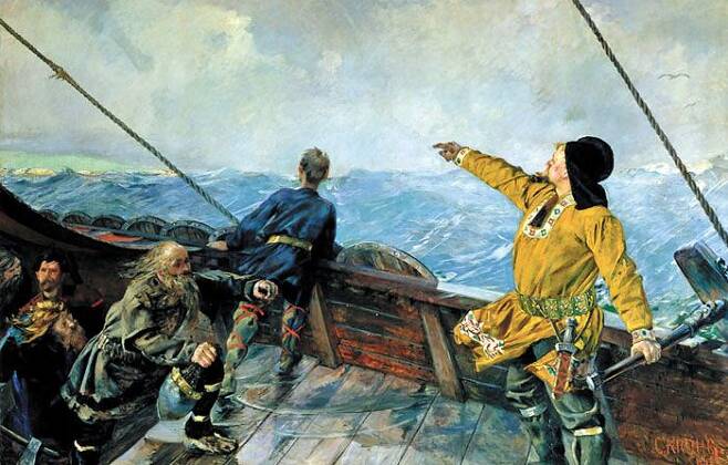 노르웨이 화가 크리스티안 크로스가 1893년에 그린 '레이프르 에릭손 미국을 발견하다'. 바이킹 일행이 콜럼버스보다 500년정도 앞선 1000년경 아메리카 땅을 발견하는 장면이다.