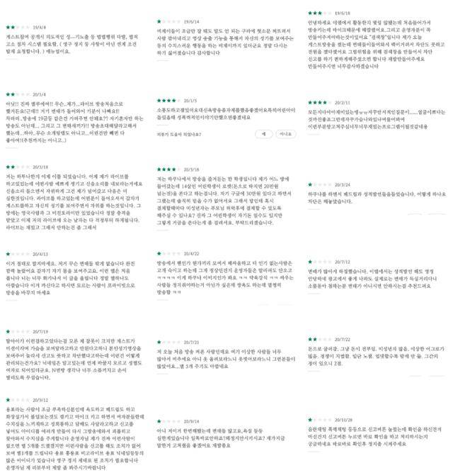 구글 스토어의 '하쿠나라이브' 리뷰에 작성된 이용자들의 항의 모음. 지난해 4월부터 음란물 관련 항의가 올라왔고, 올해 7월에는 한 이용자의 부모가 이런 항의를 남겼다. "딸아이가 이런 걸 하고 있다는 걸 몰랐던 제 잘못이 크지만, 게스트가 미션이라며 가슴을 보여달라고 하고 안 된다 하니 본인 성기 영상을 보여줬다고 한다. N번방이 생각나 너무 소름이 끼치고 손이 떨리도록 무섭다." 하쿠나라이브는 이 모든 항의에 "귀하의 신고는 하쿠나를 더욱 즐겁고 재미있는 커뮤니티로 만들 수 있는 원동력이 될 것입니다. 감사합니다."라고 답변했다. 구글 앱스토어 캡처