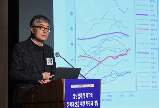 20일 서울 중구 은행회관에서 열인 한국경제학회 한국경제포럼에서 이영 한양대 교수가 주제발표를 하고 있다. /성형주기자