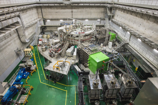 대전에 위치한 핵융합연 내에 구축된 토카막 방식의 '초전도핵융합연구장치(KSTAR)' 전경으로, 오는 2025년까지 1억도 초고온 플라즈마의 300초 연속 운전을 목표로 실험을 진행한다.



핵융합연 제공