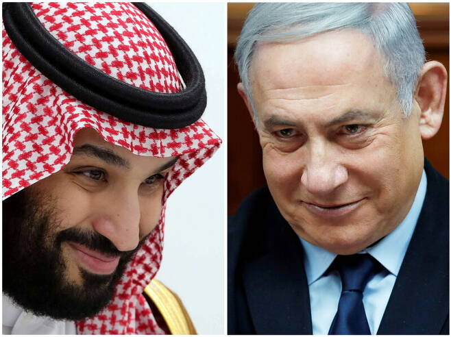 무함마드 빈 살만(왼쪽) 사우디아라비아 왕세자와 베냐민 네타냐후 이스라엘 총리. 로이터 연합뉴스