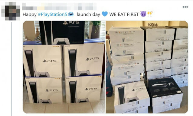 되팔이들은 플레이스테이션5을 쌓아두고 판매해 일반 구매자에게 피해를 입힌다(사진=트위터)