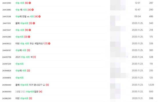 2021학년도 대학수학능력시험(수능)에서 배부하는 샤프가 어떤 제품인지 묻는 게시물들. [사진 수험생 온라인커뮤니티 캡처]