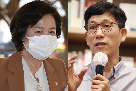 추미애 법무부 장관(왼쪽)과 진중권 전 동양대 교수. 연합뉴스