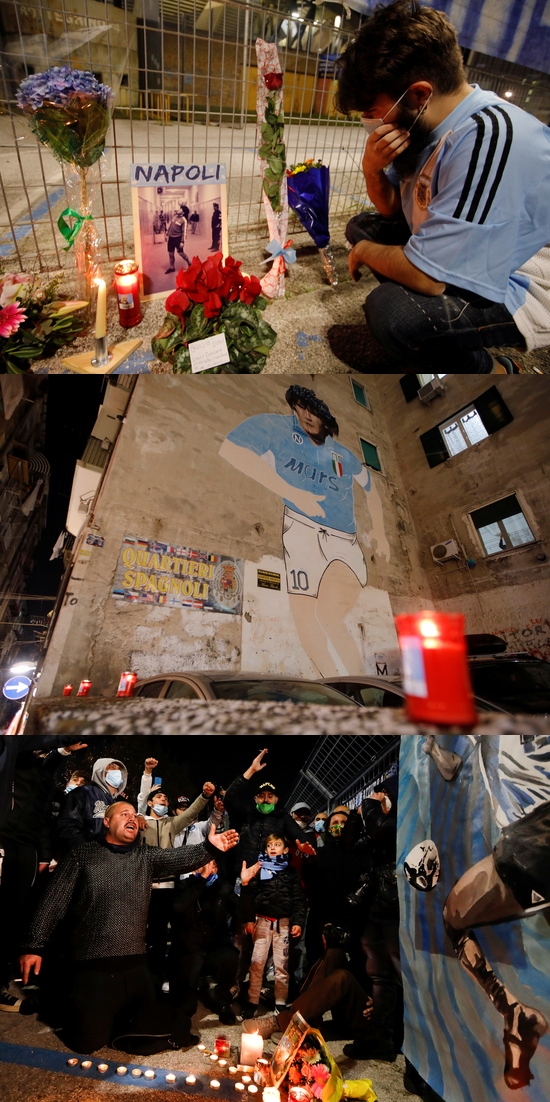 디에고 마라도나의 사망 소식이 전해진 뒤 이탈리아 나폴리 전역은 추모 분위기에 빠졌다. /사진=로이터