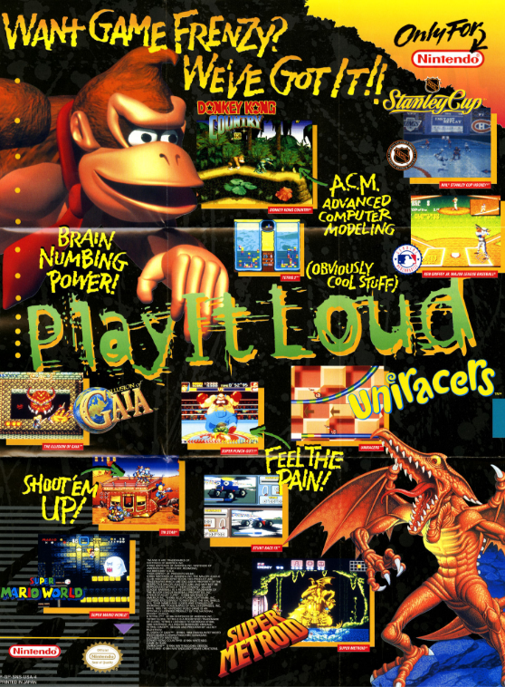 (북미 시장에서 역전의 발판을 마련하게 해주었던 '동키콩 컨트리'. 인기는 살인적이었다고 전해진다. 북미판 광고답게 슈퍼 메트로이드 괴물도 좀 더 자극적이다)