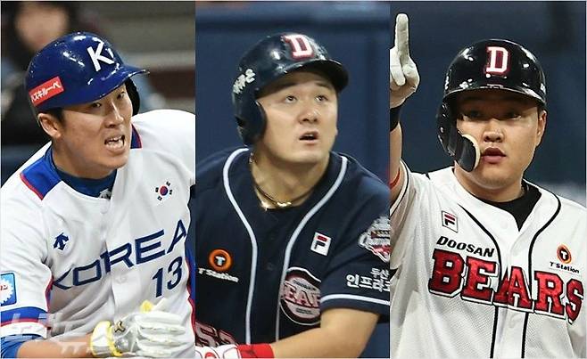 올해 FA 시장에서 대어로 분류되는 두산 출신 내야수 3인방 허경민(왼쪽부터)-최주환-오재일.(사진=이한형 기자, 연합뉴스)