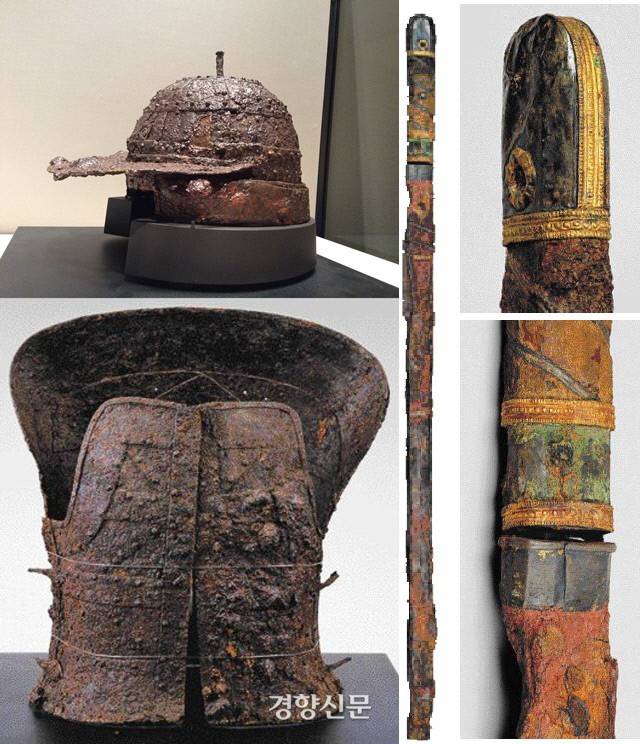 ‘전 동래 연산동’ 유물. 투구(왼쪽)와 갑옷(왼쪽 밑), 원두대도(오른쪽 사진)가 눈에 띈다.|이한상 대전대 교수 제공·국립문화재연구소 도록에서