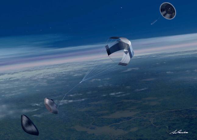 고도 11㎞ 상공에서 방열판을 떼낸 뒤 낙하산을 펼치는 캡슐 상상도.(출처=JAXA)
