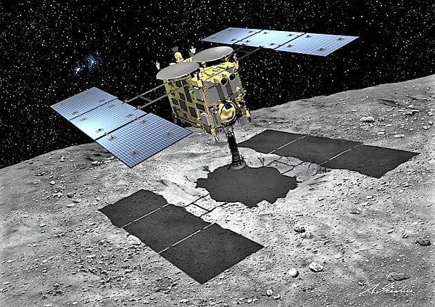 표본 수집을 위해 류구 표면으로 하강하는 하야부사 2호.(출처=JAXA)