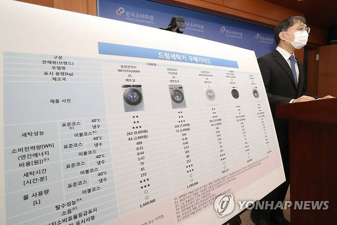 한국소비자원 '드럼세탁기, 세탁성능·코스 등 제품별 차이 있어' (세종=연합뉴스) 김주형 기자 = 양종철 한국소비자원 전기전자팀장이 7일 오전 세종시 정부세종청사에서 드럼세탁기 3개 브랜드 5개 제품을 대상으로 세탁성능, 소비전력량, 세탁시간, 물 사용량, 소음, 안전성 등을 시험 평가한 내용을 브리핑하고 있다.  kjhpress@yna.co.kr