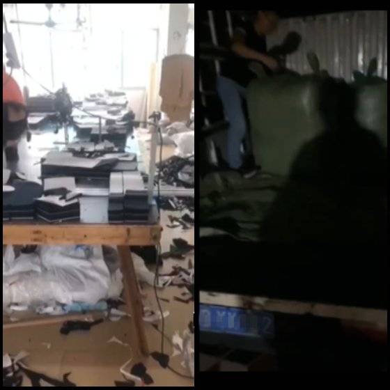 판매업자가 제공한 짝퉁 제조 공장(왼쪽)과 배송 영상. 검은 봉지에 싸여 택배를 통해 운송된다. [판매자 제공]