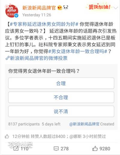 남녀 정년 일치에 대한 찬반 의견을 묻는 웨이보 설문조사. 웨이보 캡쳐