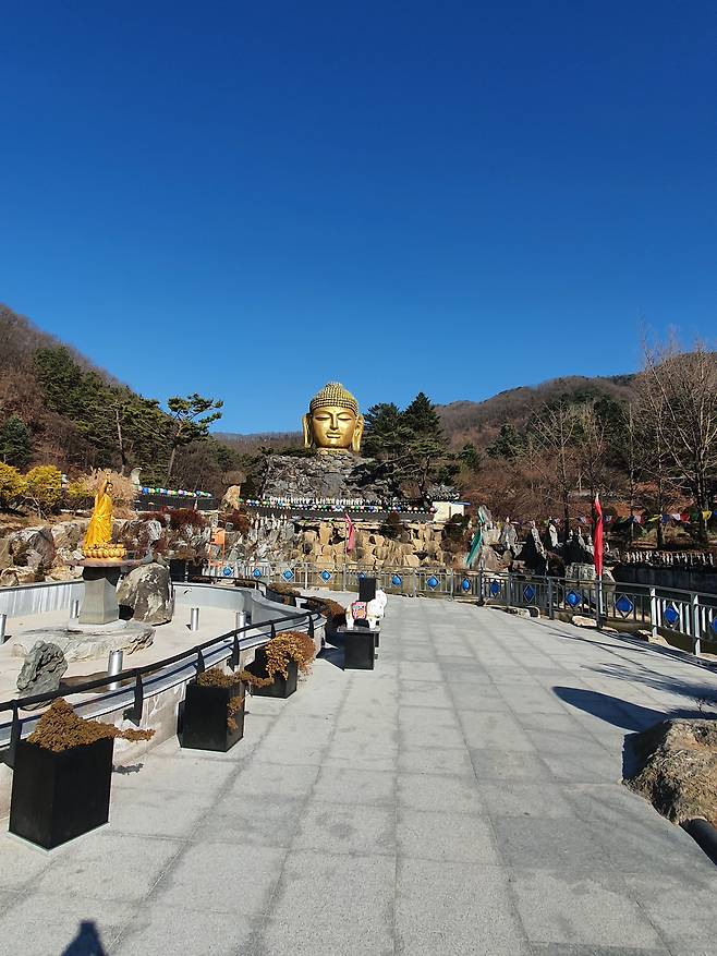 경기 용인 와우정사 초입 풍경입니다. 저 멀리 거대한 불두가 방문객을 맞습니다. /김한수 기자