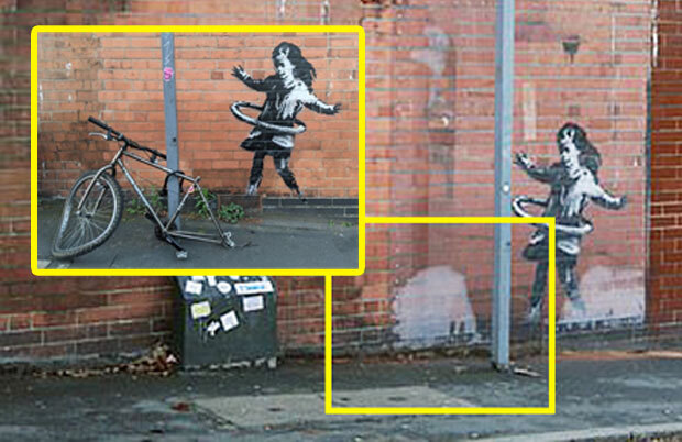 지난달에는 영국 노팅엄 주택가에 새겨진 ‘훌라후프 소녀’ 훼손 논란이 있었다. 작품의 일부로 벽화 앞에 설치된 바퀴 빠진 자전거가 사라져 도난당한 것 아니냐는 추측이 제기됐다. 다행히 건물주가 안전을 위해 자전거를 철거한 사실이 밝혀지면서 도난 논란은 일단락됐다.