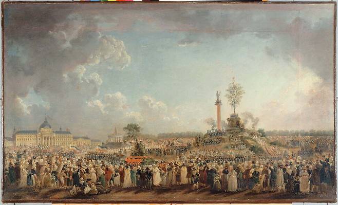 피에르앙투안 드마시가 그린 ‘최고 존재 제전’(신을 위한 축제)의 모습. 이 축제는 로베스피에르가 1794년 국민화합을 위해 샹드마르스에서 개최했다. 위키피디아