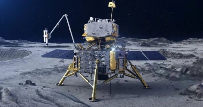 창어 5호가 달 표면에 착륙해 토양 샘플을 시추하고 있는 모습을 그린 상상도