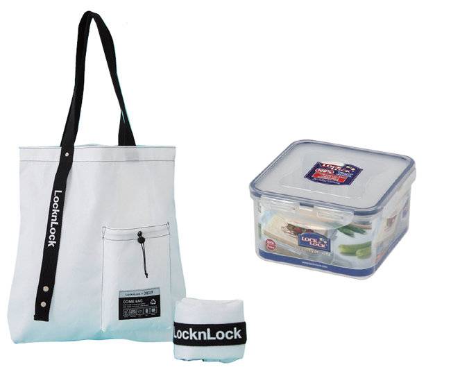 락앤락은 다회용 플라스틱 용기를 직접 수거·가공해 에코백을 만들었다(왼쪽). 다회용 플라스틱 용기 락앤락은 수명이 끝나도 분리수거를 통한 재활용이 어렵다.   [락앤락 홈페이지]