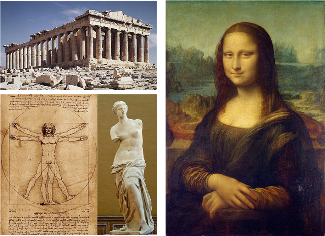 황금비가 있는 것으로 알려진 미술 작품들(파르테논 신전, 비트루비우스적 인간, 밀로의 비너스, 모나리자.)