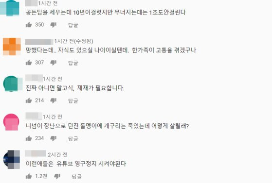 A씨의 간장게장 논란 해명 영상에 달린 댓글들. 사진 유튜브 캡처