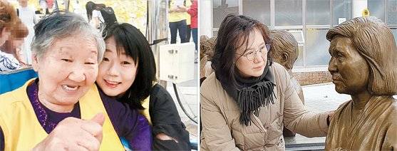 일본군 위안부 피해자 길원옥(92) 할머니와 대화하는 윤미향 전 정대협 상임대표. 경기도 광주 나눔의집에 세워진 배춘희(2014년 별세) 할머니 흉상을 바라보는 박유하 세종대 교수. 윤미향은 사기 횡령 배임 등 8개 혐의로 기소됐고, 박유하는 고발당해 대법원 판결을 기다리고 있다. [윤미향 페이스북 캡처], 장세정 기자