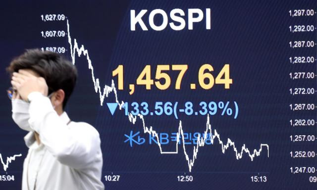 코스피가 1,457.64까지 폭락한 지난 3월 19일 서울 영등포구 여의도 KB국민은행 딜링룸에서 한 직원이 증시 현황판 앞을 오가고 있다. 연합뉴스