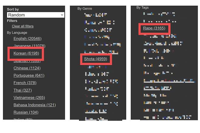 아동음란물이 유통되고 있는 M모사이트의 한 콘텐츠 갈무리. 이 사이트에는 총 4만여개 콘텐츠가 유통되고 있으며, 그중 한국어로 번역된 아동음란물 콘텐츠 갯수만 600여개에 달한다.