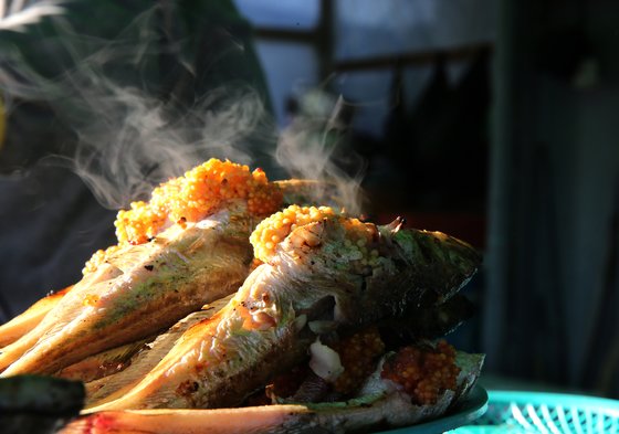 이맘때 동해 포구에서는 도루묵을 숯불에 구워 먹는 풍경이 흔하다. 도루묵구이는 살보다 알 맛으로 먹는다. [중앙포토]