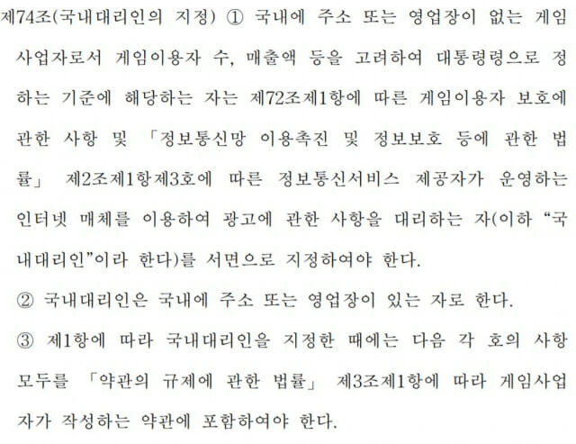 게임법 개정안에 포함된 국내대리인 지정 항목.