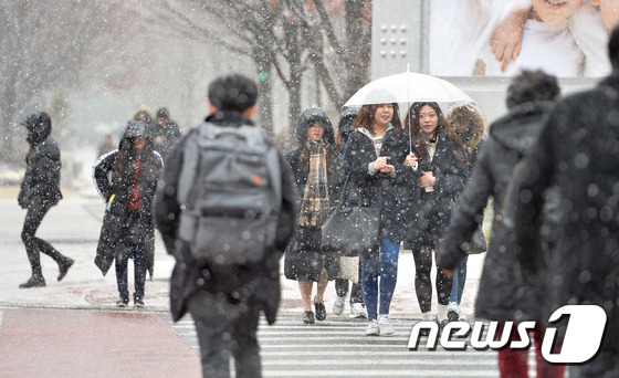 대전 서구 한 거리에서 시민들이 우산을 쓴 채 걷고 있다. /뉴스1 © News1