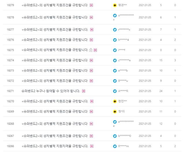 네티즌들이 시청자 게시판에 '슈퍼밴드 시즌2' 출연자 모집 요건에 관해 항의 글을 올리고 있는 모습. JTBC 홈페이지 캡처