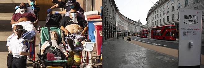 5일(현지시간) 미국 캘리포니아주 로스앤젤레스(LA)에 있는 캘리포니아주립대(USC) 병원 응급실 앞에서 앰뷸런스를 타고 온 코로나19 환자들이 진료를 기다리고 있다(왼쪽). 이날 영국 런던이 필수목적 외의 통행을 제한하는 3차 봉쇄에 돌입한 가운데 런던 번화가 리젠트거리가 텅 비어 있다(오른쪽). 로스앤젤레스·런던 | EPA·AFP연합뉴스