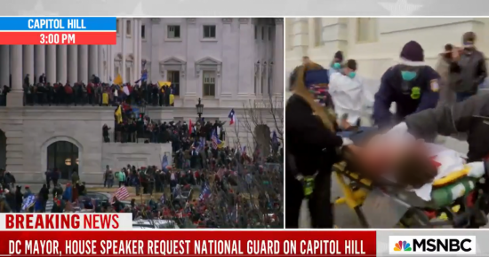 시위대가 미 의회를 점거한 가운데 총격을 당한 여성이 후송되고 있다.(MSNBC 화면 캡처)