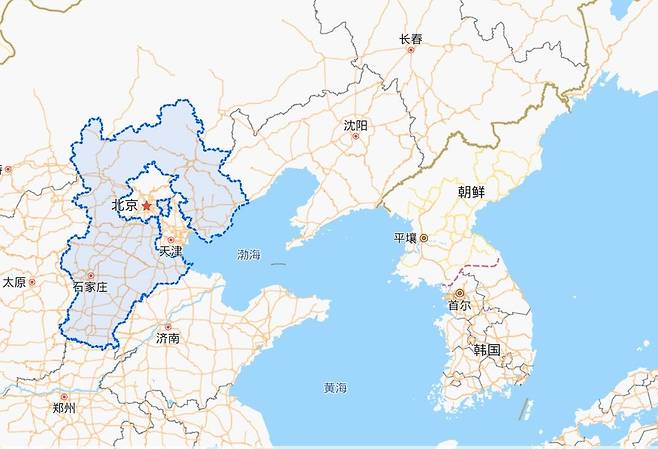 지리적으로 중국 허베이성(파란색 표시)에 둘러싸인 베이징(北京) 및 톈진(天津) [바이두 지도 캡처. 재판매 및 DB 금지]