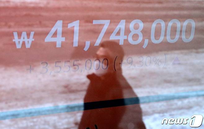 비트코인이 4000만원을 돌파한 7일 서울 강남구 국내 암호화폐 거래소 빗썸 앞에 설치된 시세전광판에 비트코인 시세가 나타나고 있다. 2021.1.7/뉴스1 © News1 이성철 기자