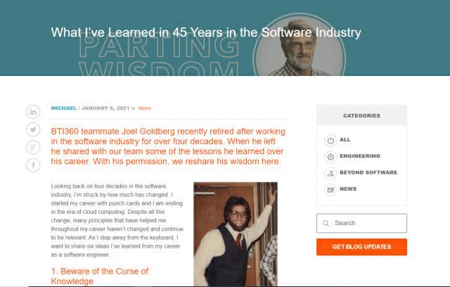 BTI360 전직 개발자인 조엘 골드버그 게시물 캡처
