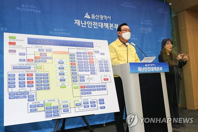 종교모임 자제 호소하는 울산시장 (울산=연합뉴스) 9일 오후 울산시청 프레스센터에서 송철호 울산시장이 교회 대면 예배나 관련 모임을 자제해 달라는 내용의 호소문을 발표하고 있다. 2021.1.9 [울산시 제공. 재판매 및 DB 금지] hkm@yna.co.kr