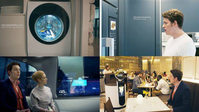 (왼쪽 위부터 시계방향으로) 의류의 오염상태를 파악해 자동으로 세탁코스를 설정해주는 트롬 세탁기, 식재료를 감지해 적절한 요리 레시피를 추천해주는 디오스 냉장고, 자동차 창문을 통해 목적지 등 필요한 정보를 확인할 수 있는 미래차, 레스토랑에서 음식을 주문할 수 있는 클로이 로봇 (사진=LG전자)