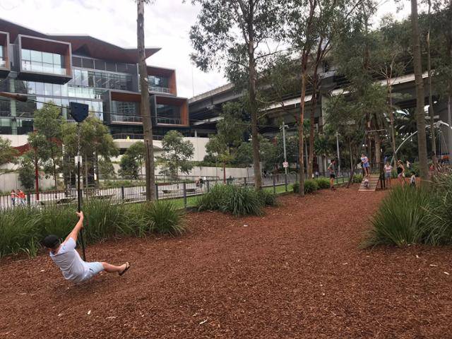 호주 시드니 도심의 놀이터에서 어린이가 짚라인 구조물을 타고 있다. 이동학 작가
