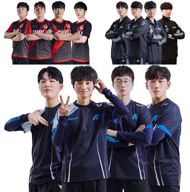 위클리 파이널 1주차 톱3 팀. 아프리카 프릭스와 브이알루 기블리, 담원 기아(사진=펍지 주식회사 제공).