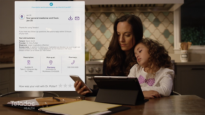 텔라닥을 이용한 후 앱을 통해 처방전이 발급됐고, 약국 픽업 장소까지 나와 있는 앱 서비스 예시. [자료=TeladocHealth.com]
