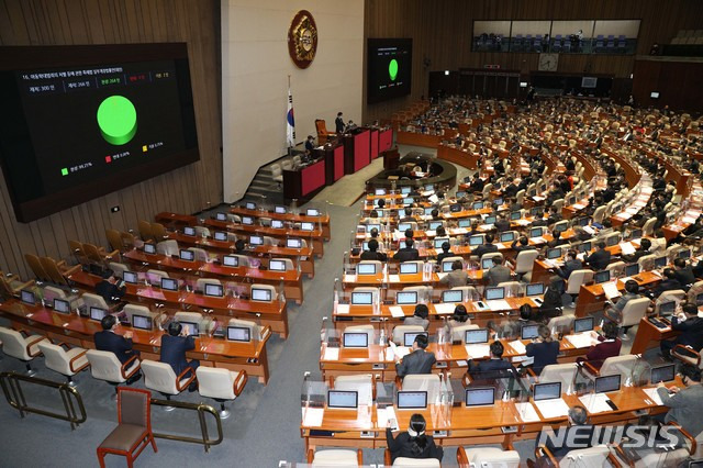 [서울=뉴시스]최동준 기자 = 8일 오후 서울 여의도 국회에서 열린 본회의에서 일명 '정인이법'으로 불리는 아동학대범죄의 처벌 등에 관한 특례법 일부개정법률안(대안)이 가결되고 있다. (공동취재사진) 2021.01.08. photo@newsis.com