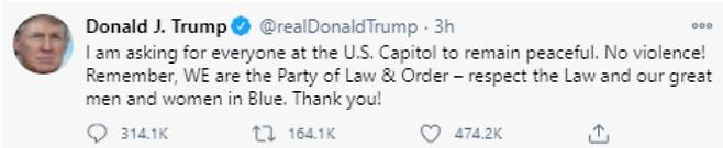 6일 오후 의사당 난입 폭력 사태 후, 나온 트럼프 대통령의 두 번째 트윗.