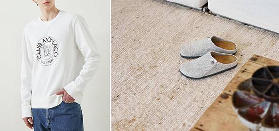 클럽 모나코 크레스트 스셔츠는 안쪽이 기모로 되어 있어 따뜻하고 편안하게 입을 수 있다, 따뜻한 홈 슈즈 버켄스탁 체르마트. 집 안에 머무르는 시간이 긴 겨울 홈웨어, 원마일웨어에 어울린다.