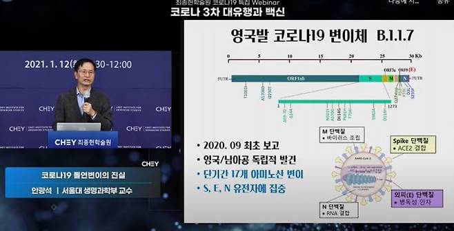 안광석 서울대 생명과학부 교수가 변이 코로나바이러스에 대해 설명하고 있다. 영상 캡처.