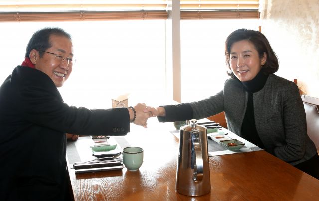 나경원 전 의원(오른쪽)과 무소속 홍준표 의원이 12일 서울 마포구 한 식당에서 만나 악수하고 있다. 연합뉴스