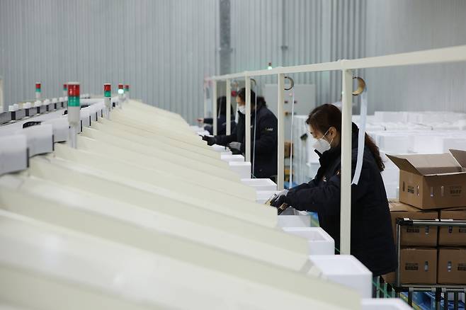 아워홈은 계룡물류센터 내 온라인몰 전용 자동화라인을 구축하고 본격 운영한다. 아워홈 온라인몰 전용 자동화라인. /사진=아워홈