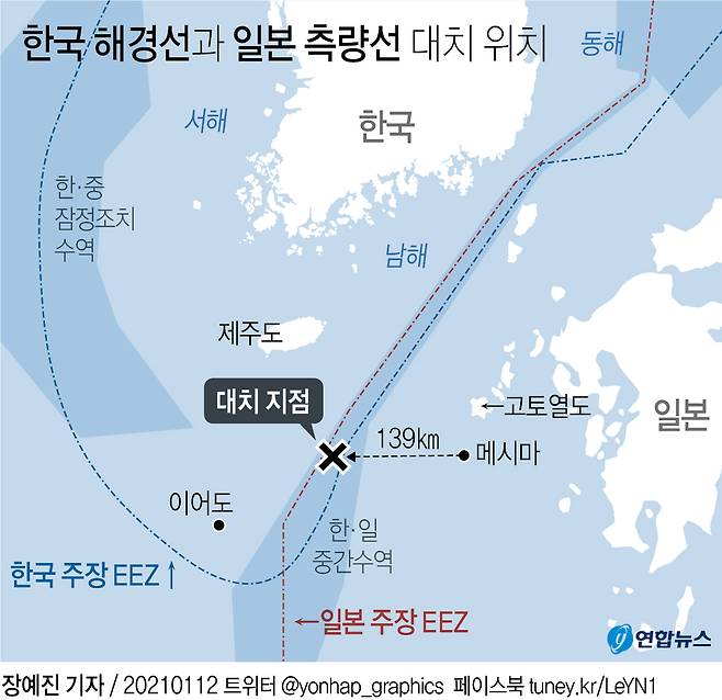 - 한국 해경선과 일본 측량선 대치 위치. 연합뉴스