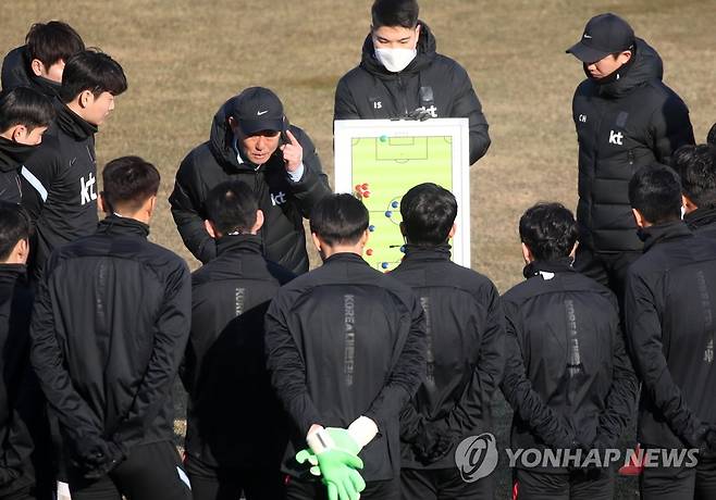 작전 지시하는 김학범 감독 (강릉=연합뉴스) 양지웅 기자 = 김학범 대한민국 남자 올림픽 축구대표팀 감독이 12일 오후 강원 강릉시 종합운동장에서 새해 첫 소집 훈련을 시작하며 선수들에게 작전을 지시하고 있다. 2021.1.12      yangdoo@yna.co.kr  (끝